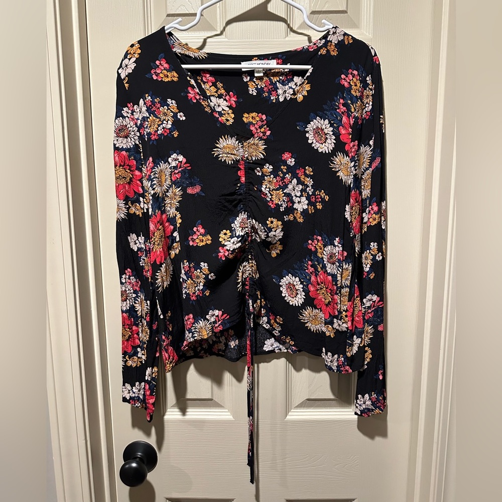 First Monday Black Top Colorful Florals and Cinching